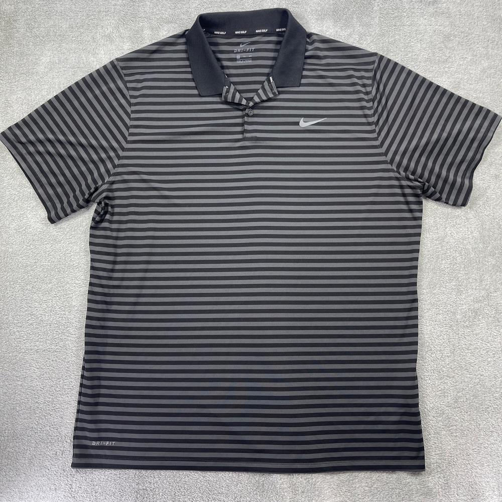 Nike Polo Golf Shirt Men XXL Black Gray Striped Dri-Fit Short Sleeve 891239-010